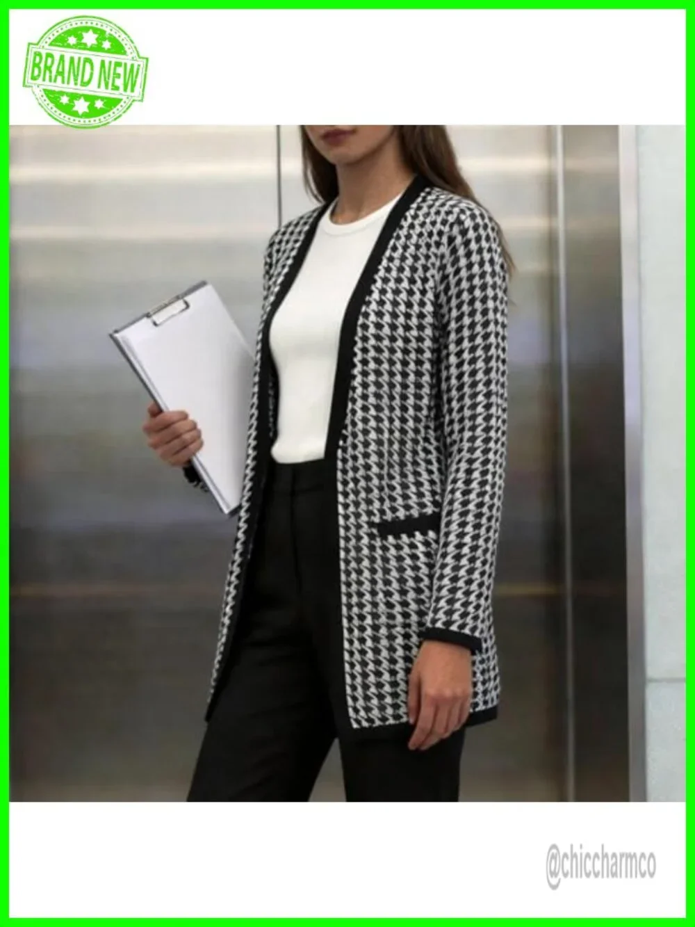 Longline Open-Front Houndstooth Cardigan, Polyester Blend Knit, Casual Long